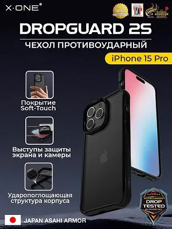 Чехол iPhone 15 Pro X-ONE DropGuard 2S - прозрачная задняя панель и черный матовый Soft Touch бампер