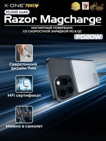 Повербанк быстрая зарядка X-ONE Razor MagCharge 5000mAh PD20W - графит / MagSafe внешний аккамулятор с магнитом / с портом Type-C