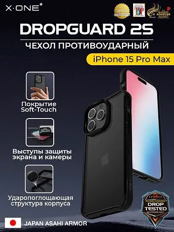 Чехол iPhone 15 Pro Max X-ONE DropGuard 2S - прозрачная задняя панель и черный матовый Soft Touch бампер