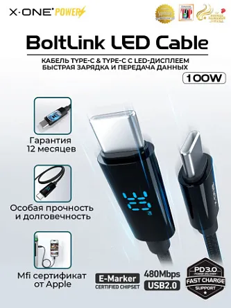 Кабель быстрая зарядка особой прочности BoltLink LED Display Cable с двумя разъемами Type-C 100W / 1.2 метра / передача данных / эволюция в долговечности