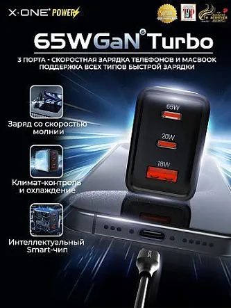 Быстрая зарядка в розетку X-ONE Gun Turbo 65W - 3 порта: 2*Type-C и 1*USB / поддержка Power Delivery, Super Fast Charge, Quick Сharge, Huawei FCP и др. / сетевой блок питания для электроники и MacBook