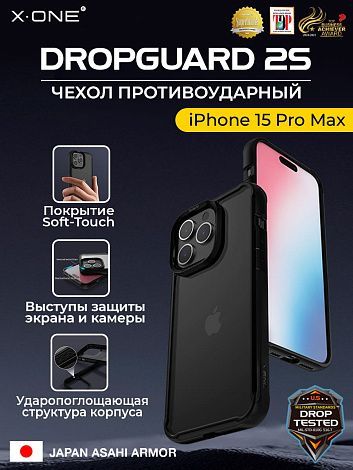 Чехол iPhone 15 Pro Max X-ONE DropGuard 2S - прозрачная задняя панель и черный матовый Soft Touch бампер
