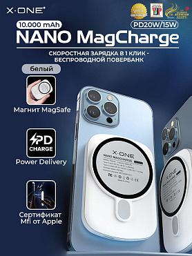 Повербанк беспроводной быстрая зарядка NANO MagCharge PowerBank 10.000 mAh - белый / MagSafe внешний аккамулятор