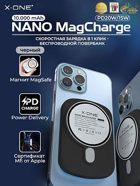 Повербанк беспроводной быстрая зарядка NANO MagCharge PowerBank 10.000 mAh - черный / MagSafe внешний аккамулятор
