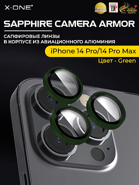 Сапфировое стекло на камеру iPhone 14 Pro/14 Pro Max X-ONE Camera Armor - цвет Green / линзы / авиа-алюминиевый корпус
