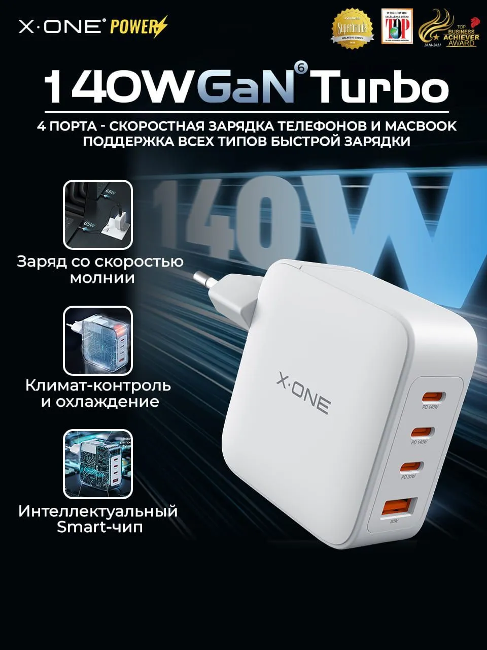 Быстрая зарядка в розетку X-ONE Gun Turbo 14W - 4 порта: 3*Type-C и 1*USB /  поддержка Power Delivery, Super Fast Charge, Quick Сharge, Huawei FCP и др.  / сетевой блок питания для