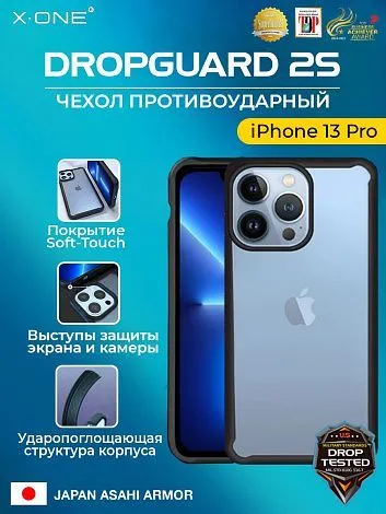 Чехол iPhone 13 Pro X-ONE DropGuard 2S - прозрачная задняя панель и черный матовый Soft Touch бампер